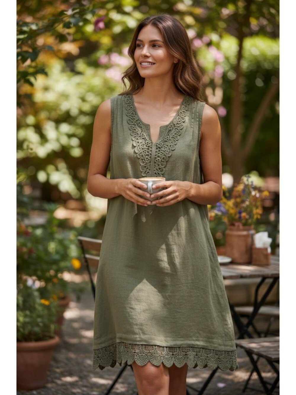 Carla Conti Linen Shift Dress Olive Green Size M Coastal Summer Vacation Beach